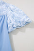 Beau Blue Lace Insert Floral Puff Sleeve Patchwork Loose Blouse